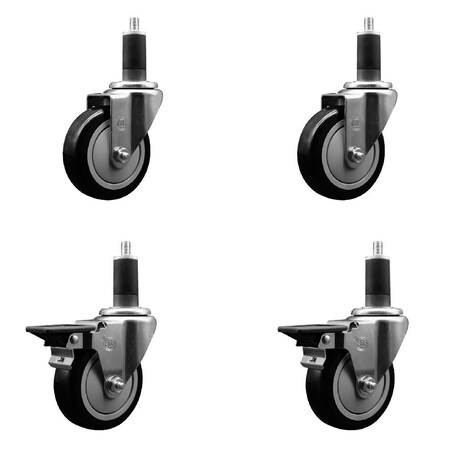 Service Caster 4'' Black Poly Wheel Swivel 1-1/4'' Expanding Stem Caster Set 2 Brakes, 4PK SCC-EX20S414-PPUB-BLK-2-PLB-2-114